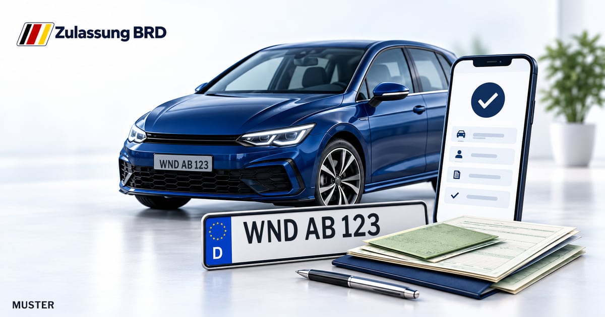 Online Fahrzeugzulassung in Landkreis St. Wendel: Musterkennzeichen WND AB 123, Auto und Fahrzeugpapiere und Smartphone. Illustration mit Logo von Zulassung BRD.